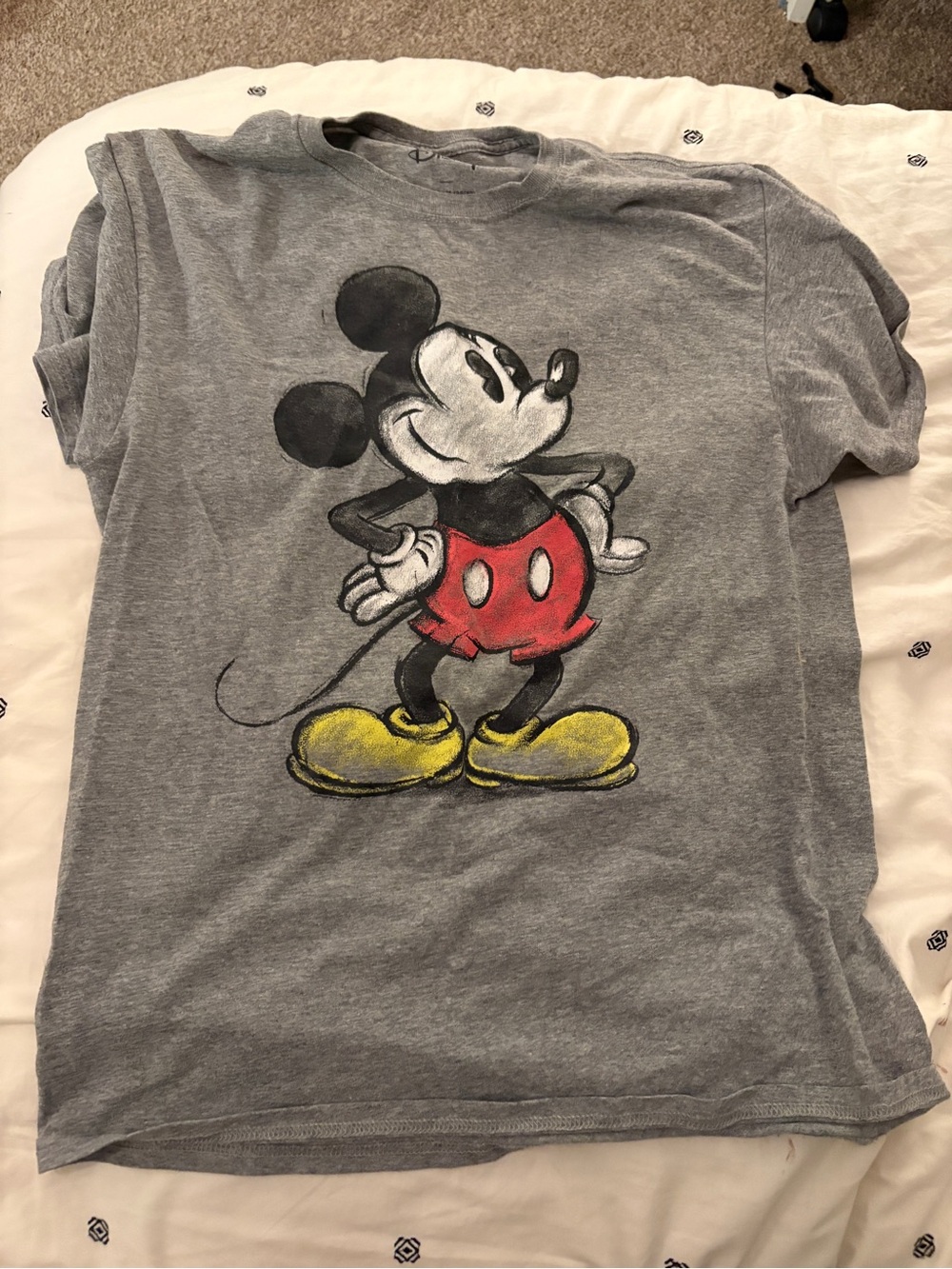 Loungefly Gray Mickey Mouse Graphic Tee with Red Shorts and Yellow Shoes